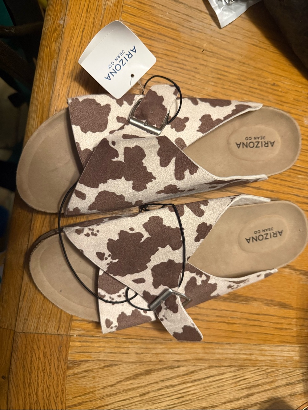 Arizona Jean Company Brown and Cream Cow Print Crossover Slide Sandals